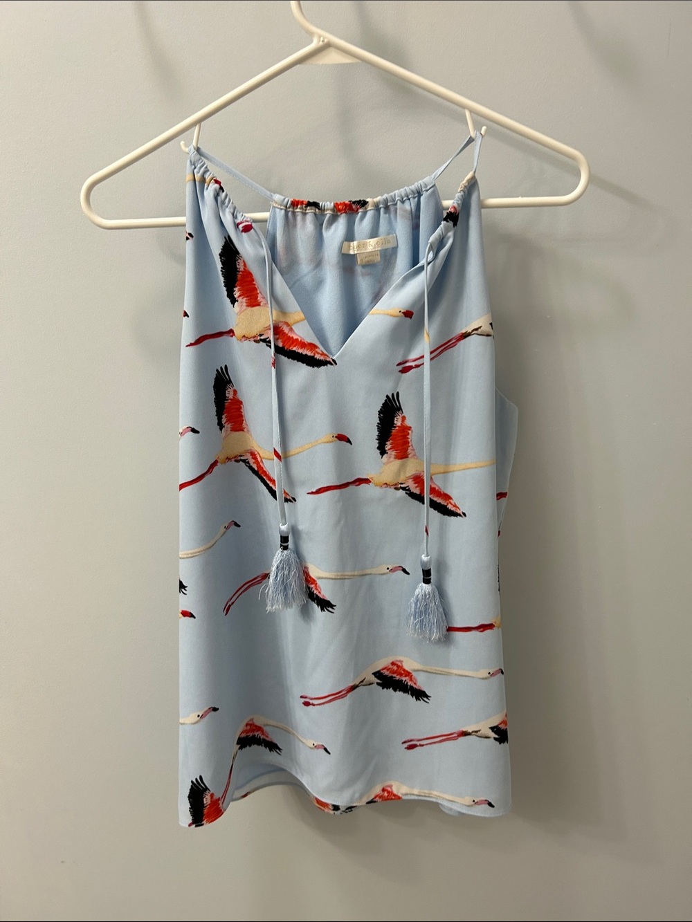 Cooper and Ella Light Blue Flamingo Print Sleeveless Tie-Neck Top
